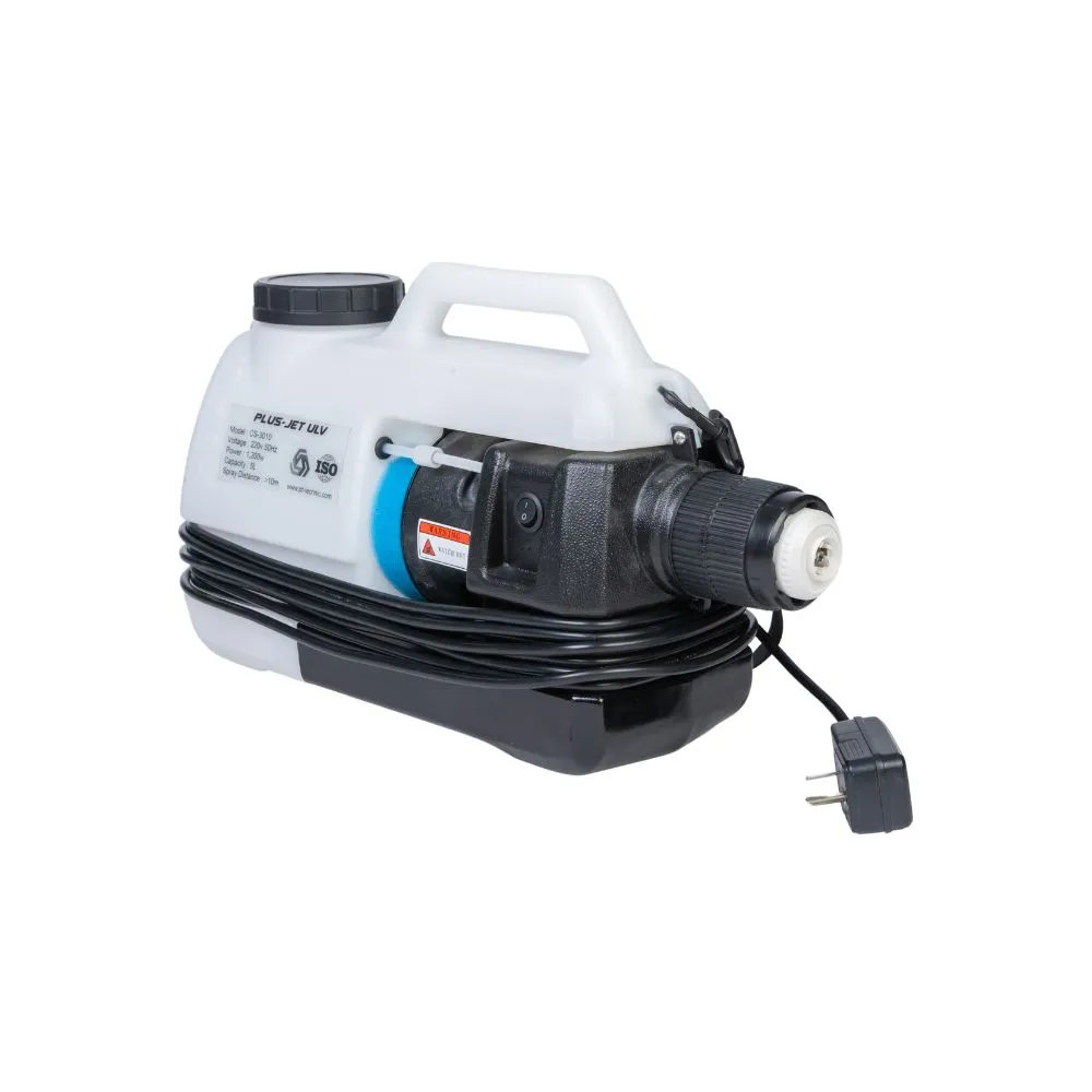 เครื่องพ่น ulv Plus-jet รุ่น cs-3010 ภาพด้านหน้ามุมเฉียง หัวพ่นละอองฝอยละเอียดของเครื่อง Plus-jet CS-3010 มุมเฉียง ระยะพ่นไกลกว่า 10 เมตร